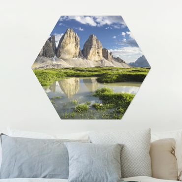 Hexagon Bild Alu-Dibond - Südtiroler Zinnen und Wasserspiegelung
