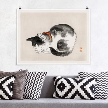 Poster - Asiatische Vintage Zeichnung Schlafende Katze - Querformat 3:4