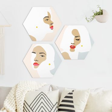 Hexagon Bild Forex 3-teilig - Line Art Portrait Frauen Pastell Set