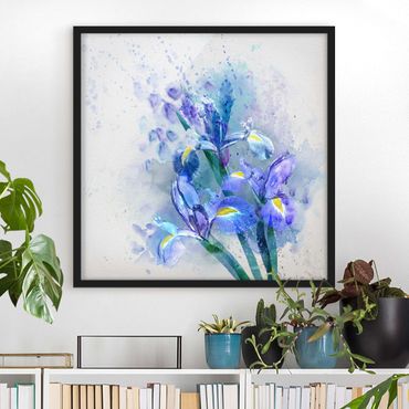 Bild mit Rahmen - Aquarell Blumen Iris - Quadrat 1:1