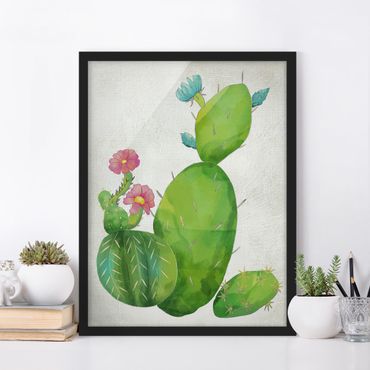 Bild mit Rahmen - Kaktusfamilie rosa türkis - Hochformat 4:3