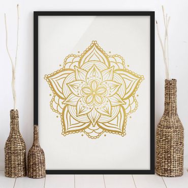 Bild mit Rahmen - Mandala Blüte Illustration weiß gold - Hochformat 4:3