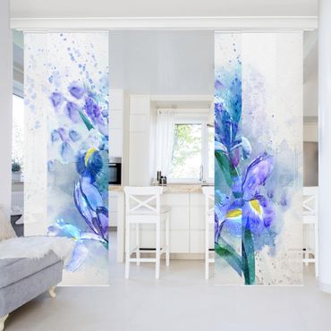 Schiebegardinen Set - Aquarell Blumen Iris - 4 Flächenvorhänge-240x250-Deckenhalterung