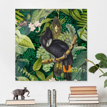 Glasbild - Bunte Collage - Kakadus im Dschungel - Quadrat 1:1