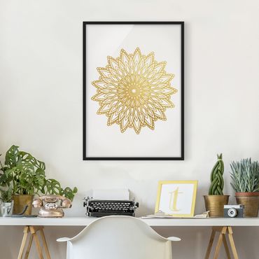 Bild mit Rahmen - Mandala Sonne Illustration weiß gold - Hochformat 4:3