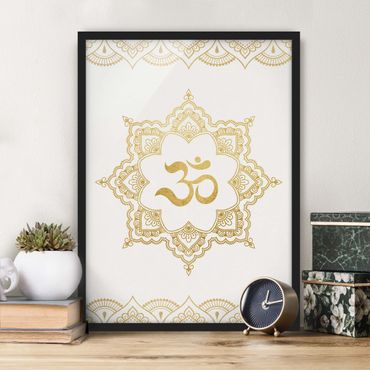 Bild mit Rahmen - Mandala OM Illustration Ornament weiß gold - Hochformat 4:3
