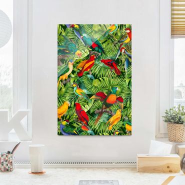Glasbild - Bunte Collage - Papageien im Dschungel - Hochformat 3:2