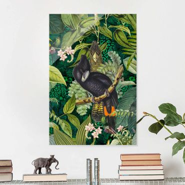 Glasbild - Bunte Collage - Kakadus im Dschungel - Hochformat 3:2