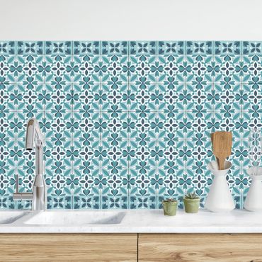 Küchenrückwand - Geometrischer Fliesenmix Blüte Türkis