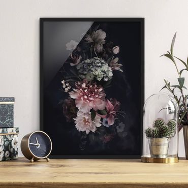Bild mit Rahmen - Blumen mit Nebel auf Schwarz - Hochformat 4:3