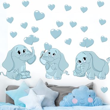 Wandtattoo - Drei blaue Elefantenbabies mit Herzen