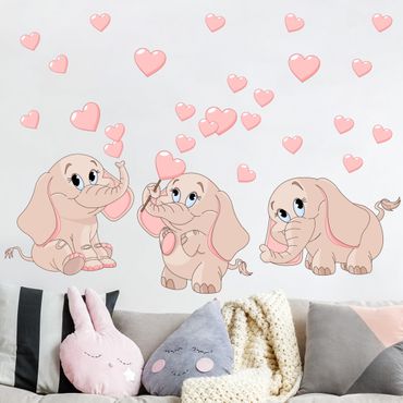 Wandtattoo - Drei rosa Elefantenbabies mit Herzen