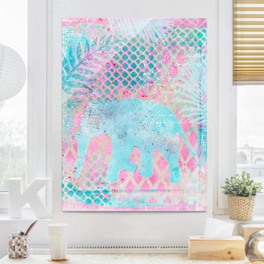Glasbild - Bunte Collage - Elefant in Blau und Rosa - Hochformat 4:3