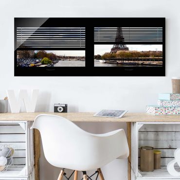 Glasbild - Fensterausblick Jalousie - Seine und Eiffelturm - Panorama Quer