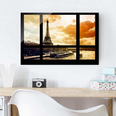 Glasbild - Fensterblick - Paris Eiffelturm Sonnenuntergang - Quer 3:2
