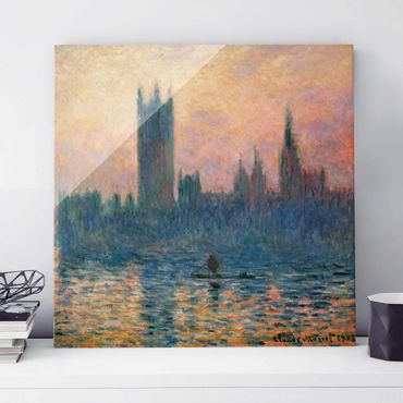 Glasbild - Kunstdruck Claude Monet - Das Parlament in London bei Sonnenuntergang - Impressionismus Quadrat 1:1