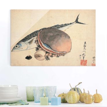 Glasbild - Kunstdruck Katsushika Hokusai - Makrele und Seemuscheln - Quer 3:2