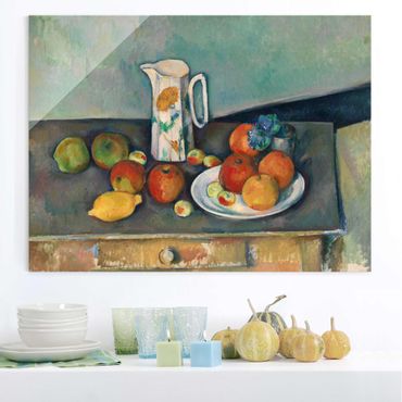 Glasbild - Kunstdruck Paul Cézanne - Stillleben mit Milchkrug und Früchten auf einem Tisch - Impressionismus Quer 4:3