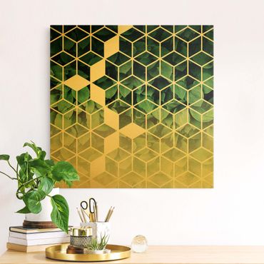 Leinwandbild - Grüne Blätter goldene Geometrie - Quadrat 1:1