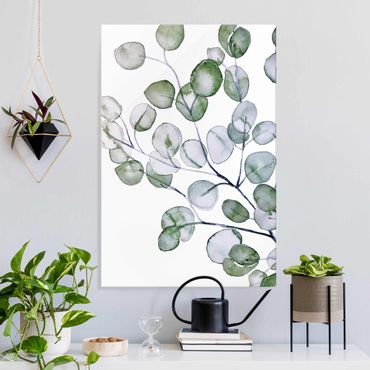 Glasbild - Grünes Aquarell Eukalyptuszweig - Hochformat