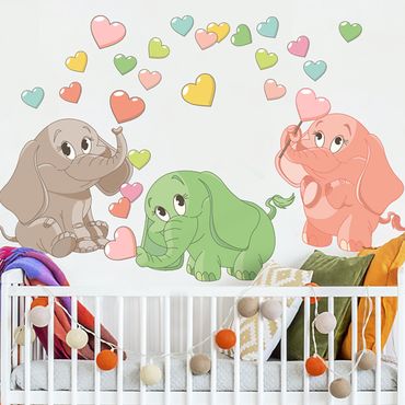 Wandtattoo - Regenbogen Elefantenbabies mit bunten Herzen