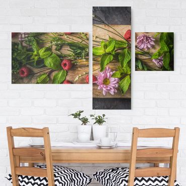 Leinwandbild 3-teilig - Blumen Himbeeren Minze - Collage 2