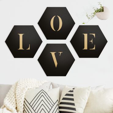 Hexagon Bild Alu-Dibond 4-teilig - Buchstaben LOVE Weiß Set II