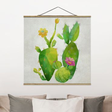Stoffbild mit Posterleisten - Kaktusfamilie rosa gelb - Quadrat 1:1