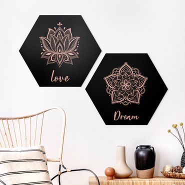 Hexagon Bild Alu-Dibond 2-teilig - Mandala Dream Love Set Schwarz