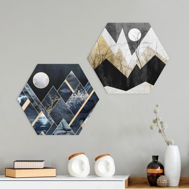 Hexagon Bild Forex 2-teilig - Elisabeth Fredriksson - Goldener Mond und geometrische Berge
