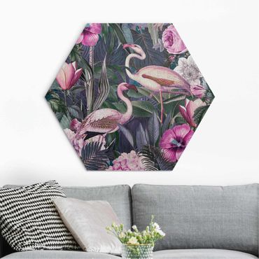 Hexagon Bild Alu-Dibond - Bunte Collage - Pinke Flamingos im Dschungel