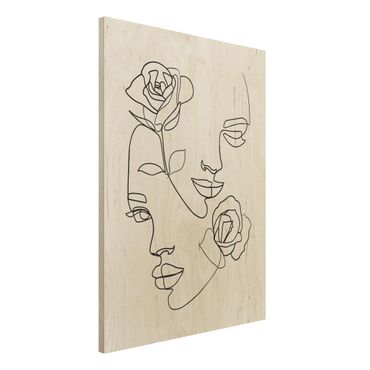 Holzbild - Line Art Gesichter Frauen Rosen Schwarz Weiß - Hochformat 4:3