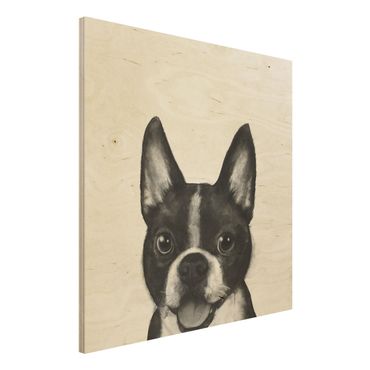 Holzbild - Illustration Hund Boston Schwarz Weiß Malerei - Quadrat 1:1