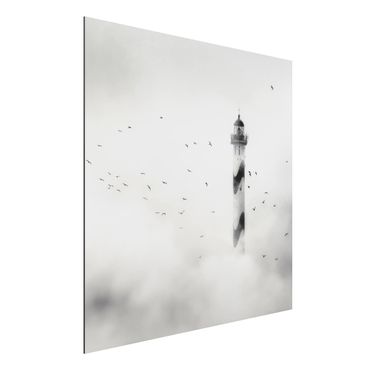 Alu-Dibond Bild - Leuchtturm im Nebel