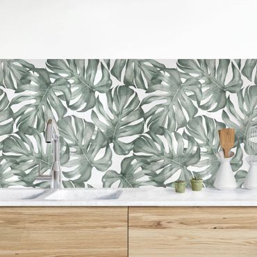 Küchenrückwand - Aquarell Monstera Blätter in Grün