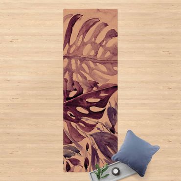 Kork-Teppich - Aquarell Tropische Blätter mit Monstera in Aubergine - Hochformat 1:3