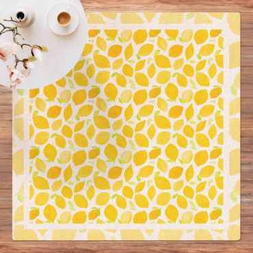 Kork-Teppich - Aquarell Zitronen mit Blättern und Rahmen - Quadrat 1:1