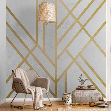 Metallic Tapete  - Art Deco Geometrie Weiß Gold