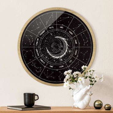 Rundes Gerahmtes Bild - Astrologie Mond und Sternzeichen Schwarz