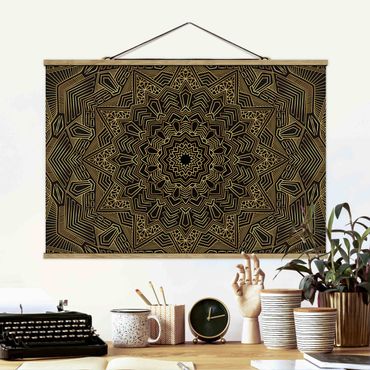 Stoffbild mit Posterleisten - Mandala Stern Muster gold schwarz - Querformat 3:2