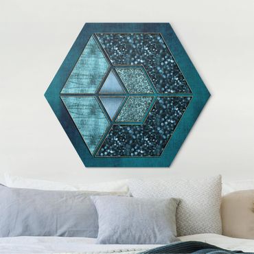 Hexagon Bild Alu-Dibond - Blaues Hexagon mit Goldkontur