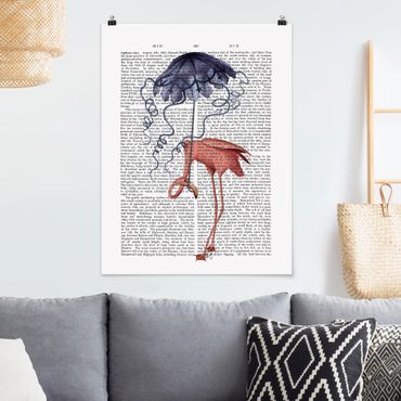 Poster - Tierlektüre - Flamingo mit Regenschirm - Hochformat 3:4