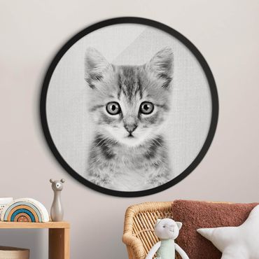 Rundes Gerahmtes Bild - Baby Katze Killi Schwarz Weiß