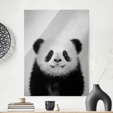Glasbild - Baby Panda Prian Schwarz Weiß - Hochformat