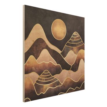 Holzbild - Goldene Sonne abstrakte Berge - Quadrat 1:1