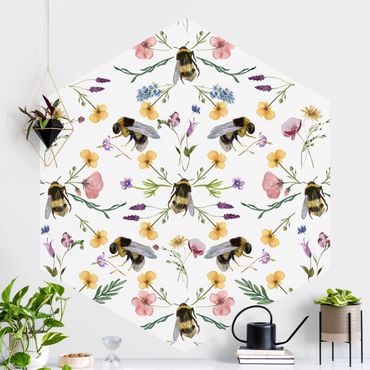Hexagon Mustertapete selbstklebend - Bienen mit Blumen