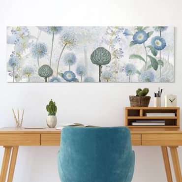 Leinwandbild - Blaue Alliumdolden im Wind - Panorama 3:1
