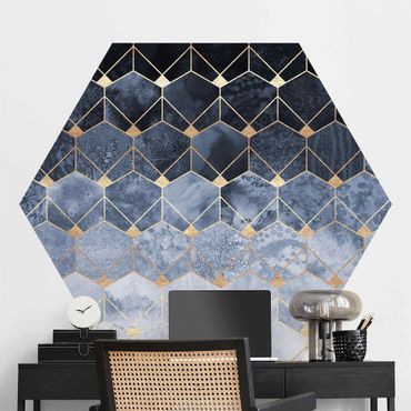 Hexagon Mustertapete selbstklebend - Blaue Geometrie goldenes Art Deco
