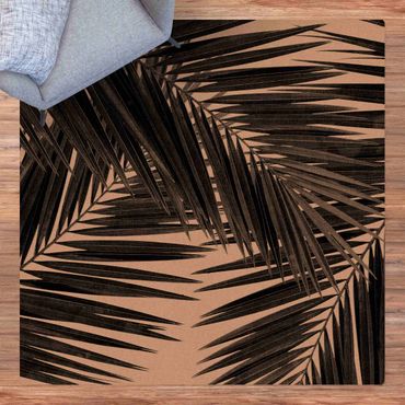 Kork-Teppich - Blick durch Palmenblätter schwarz weiß - Quadrat 1:1