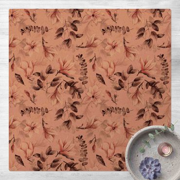 Kork-Teppich - Blüten mit Grauen Blättern vor Rosa - Quadrat 1:1